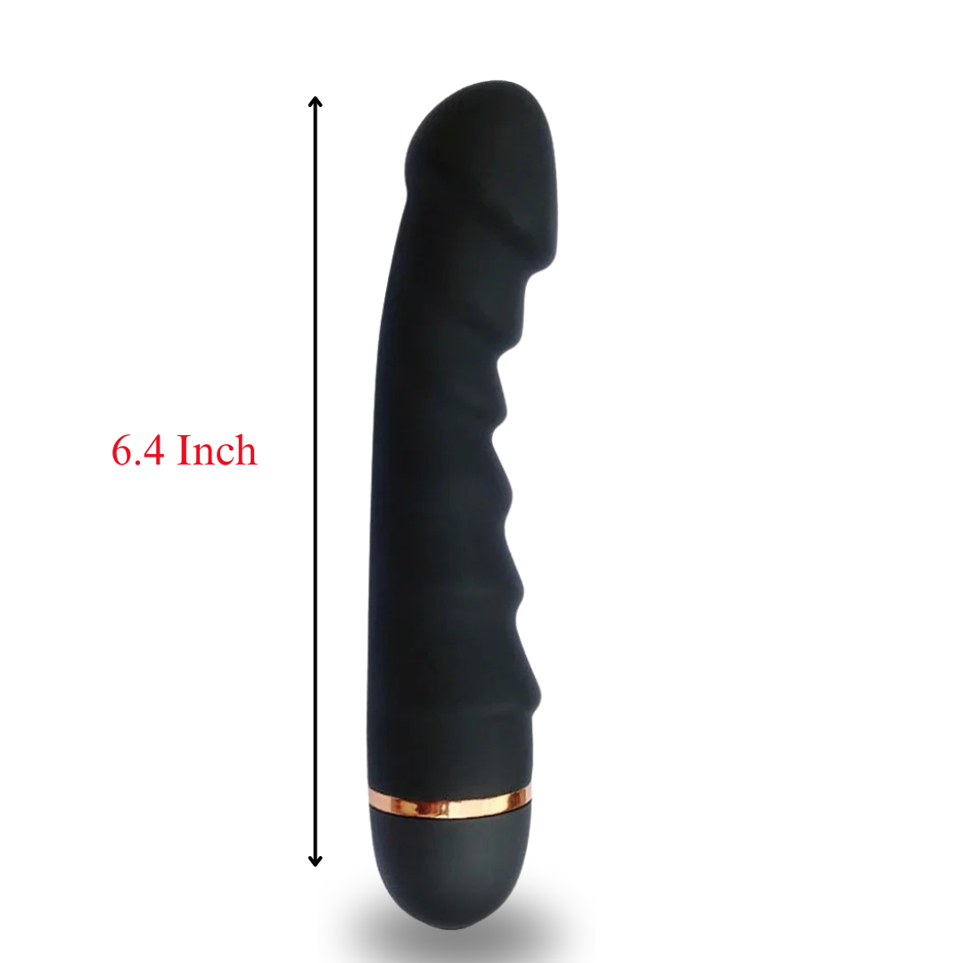 Adonis - 6.4 Inch vibrator with 20 vibrations settings. Made from food grade silicone and usb rechargeable. Colour black with gold accent.