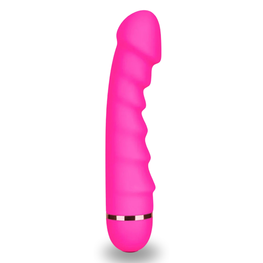 Adonis - 6.4 Inch vibrator with 20 vibrations settings. Made from food grade silicone and usb rechargeable. Colour Pink with gold accent.