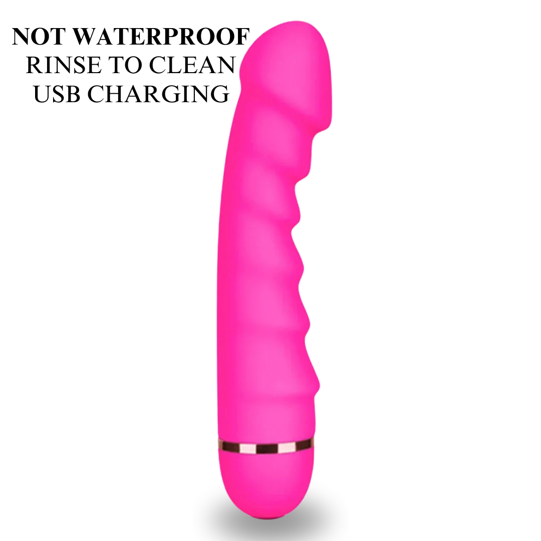 Adonis - 6.4 Inch vibrator with 20 vibrations settings. Made from food grade silicone and usb rechargeable. Colour Pink with gold accent. This picture explains that Adonis is not waterproof.