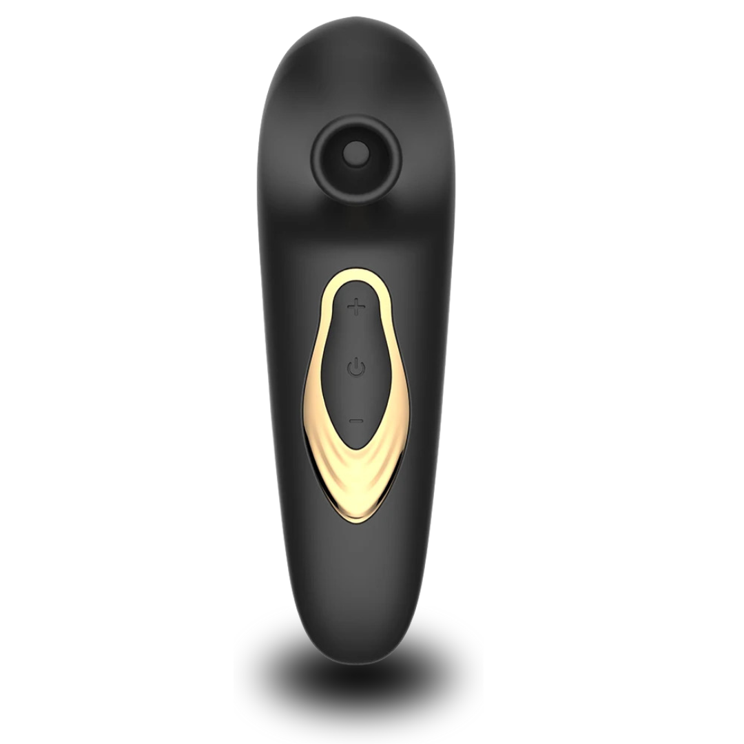 Aphrodite is a compact clitoral vibrator and both sucks and blows, is IP68 waterproof and usb chargeable. Colour black with Gold assent round the buttons.