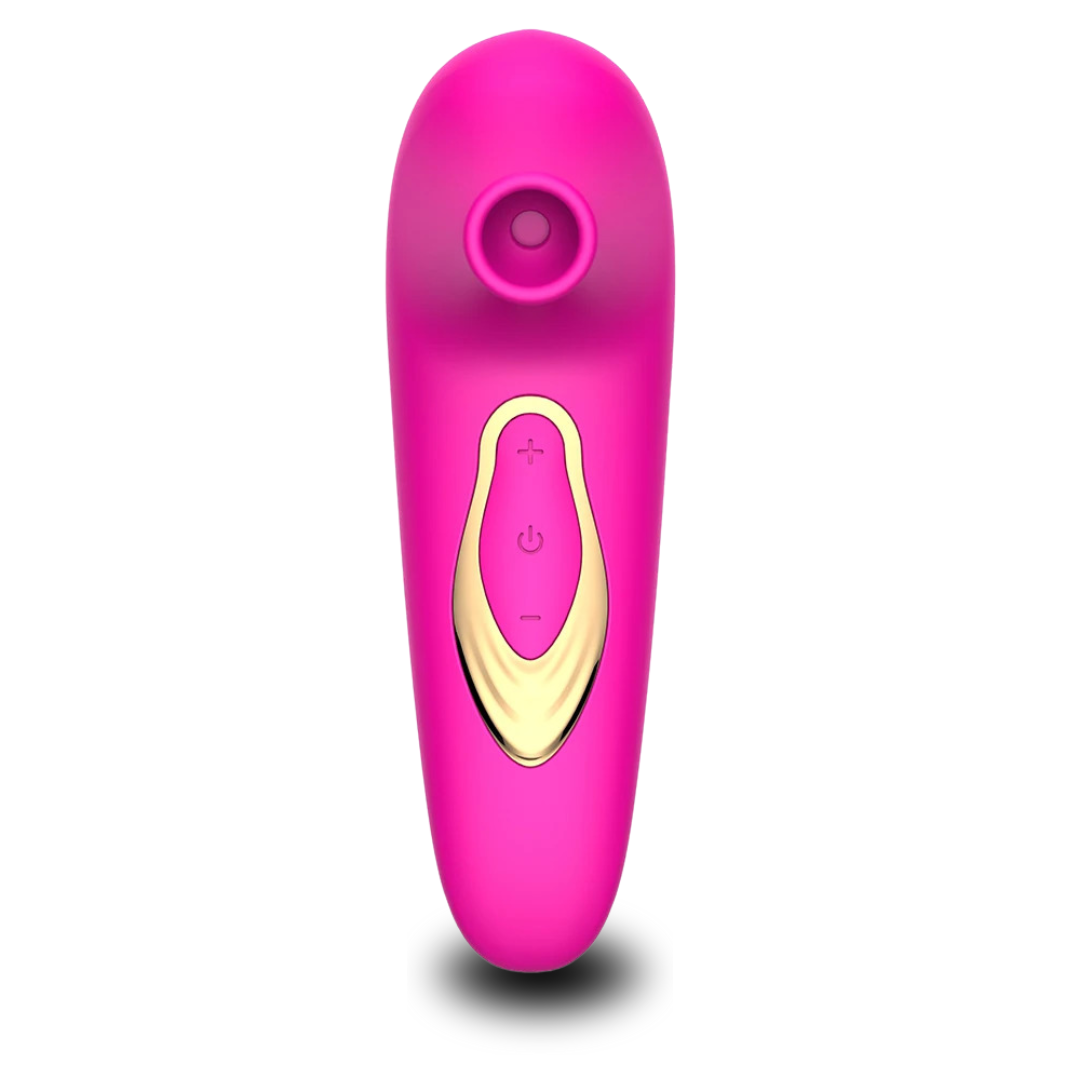 Aphrodite is a compact clitoral vibrator and both sucks and blows, is IP68 waterproof and usb chargeable. Colour black with Gold assent round the buttons.